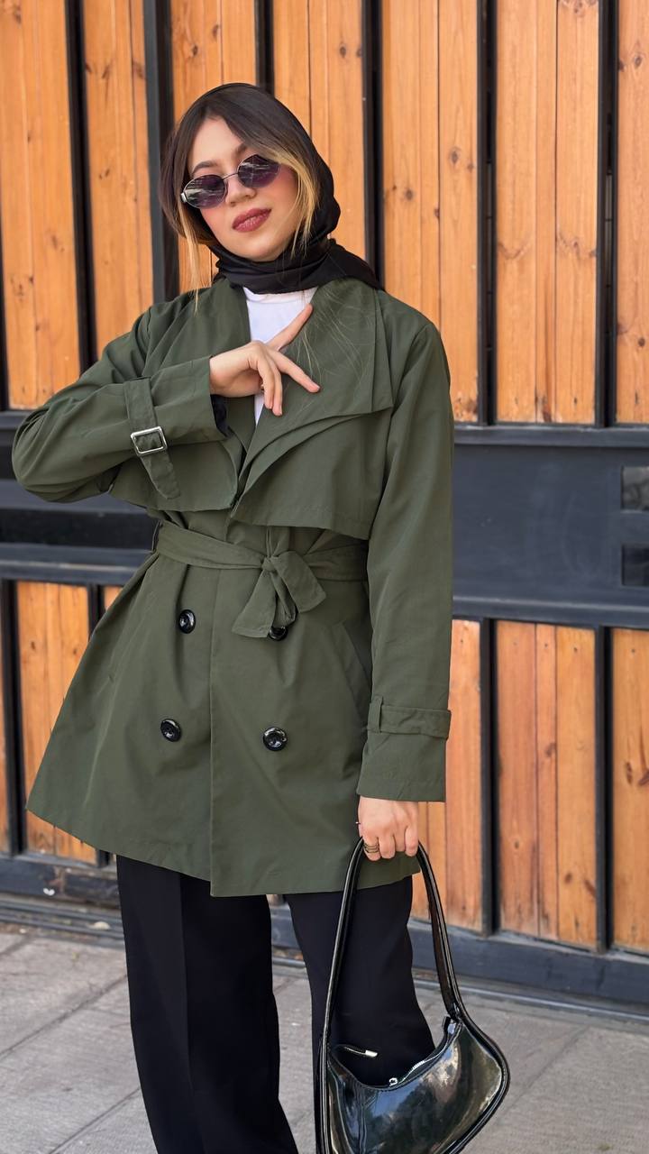 ترنچ کت کوتاه کتان TC کمربنددار زنانه