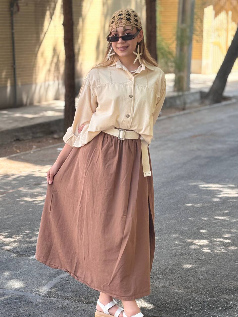 دامن لینن کمربند دار دخترانه