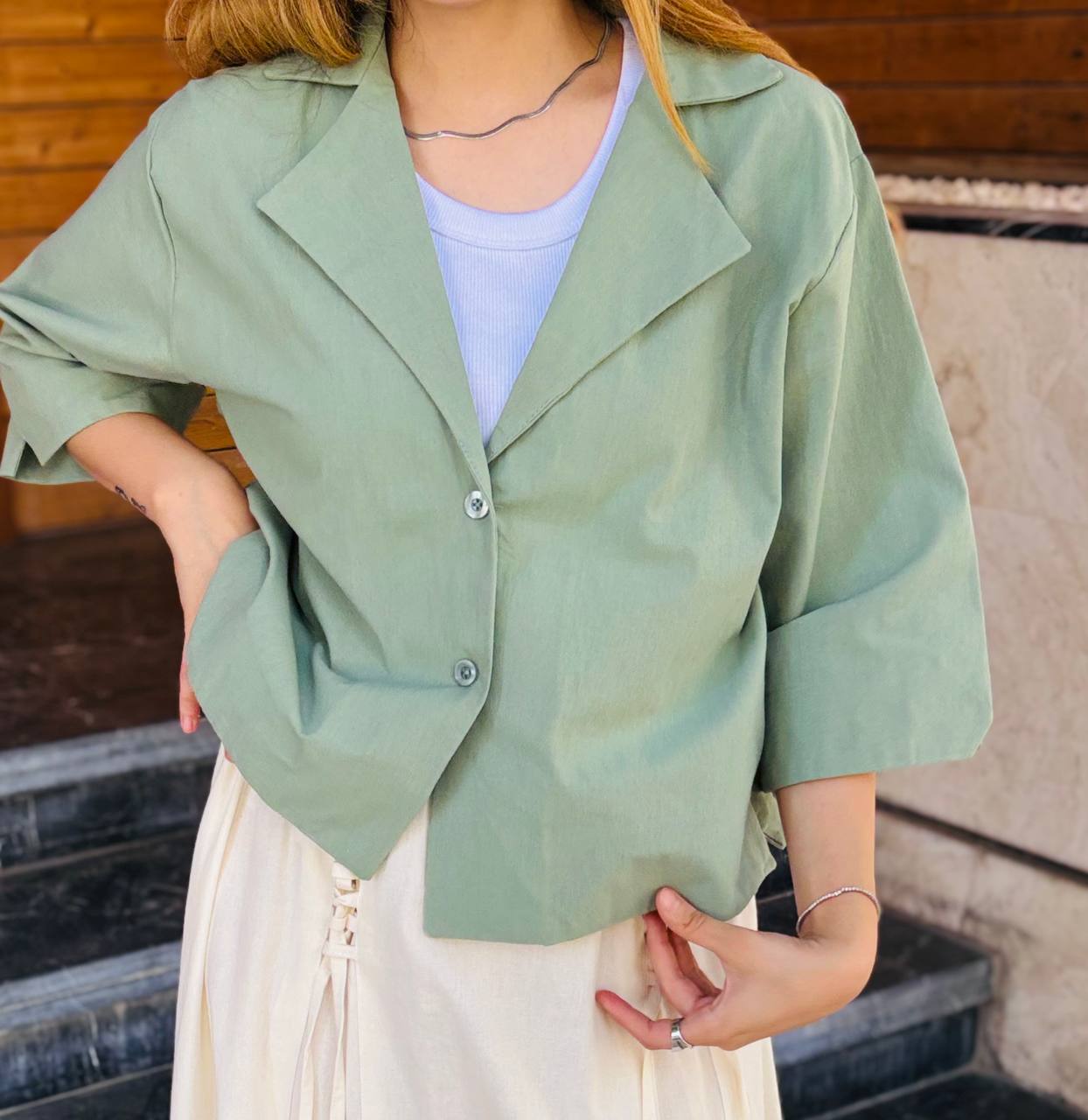 شومیز لینن باکسی یقه انگلیسی دخترانه